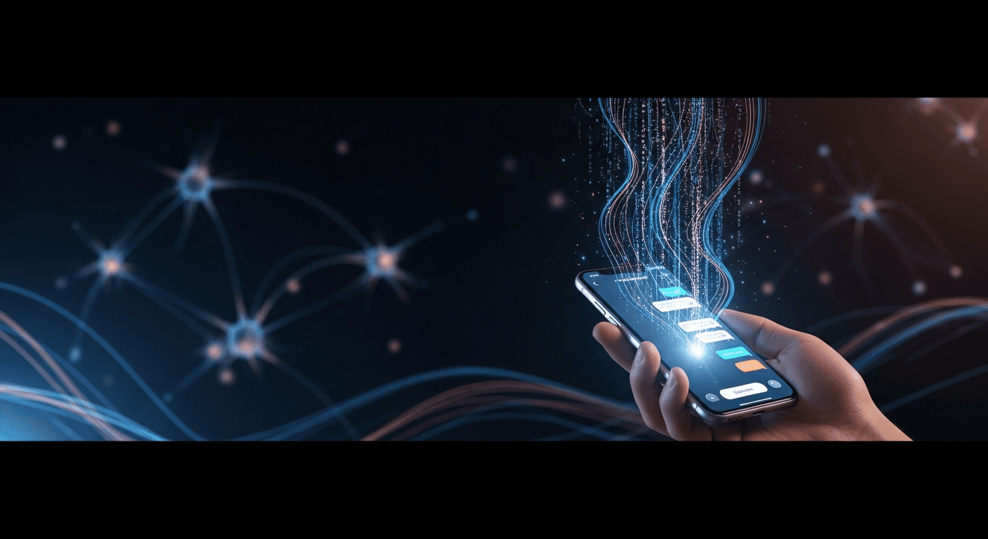 A person using a smartphone to control an AI system with glowing data streams and code in the background