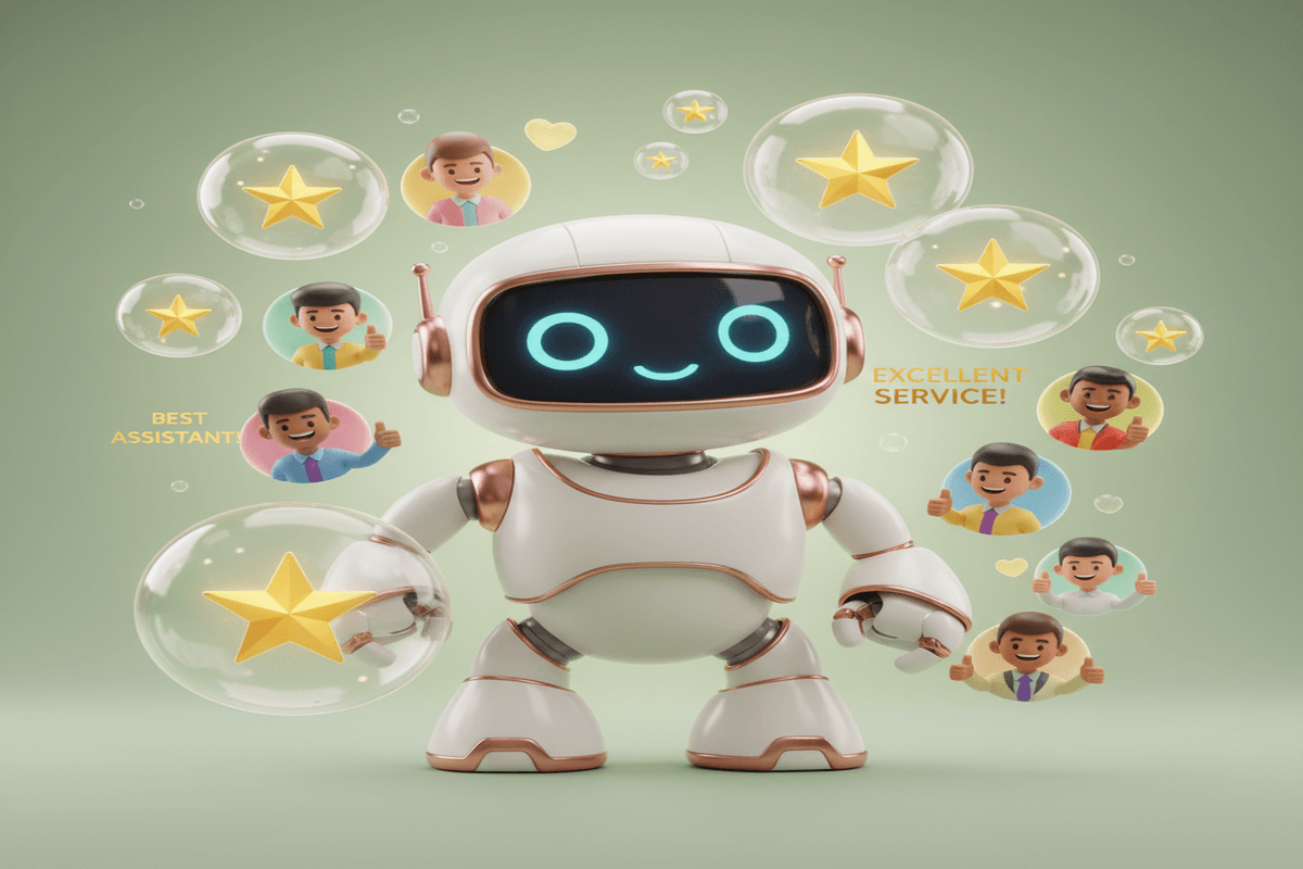 Friendly AI robot analyzing customer reviews with 5-star ratings floating around