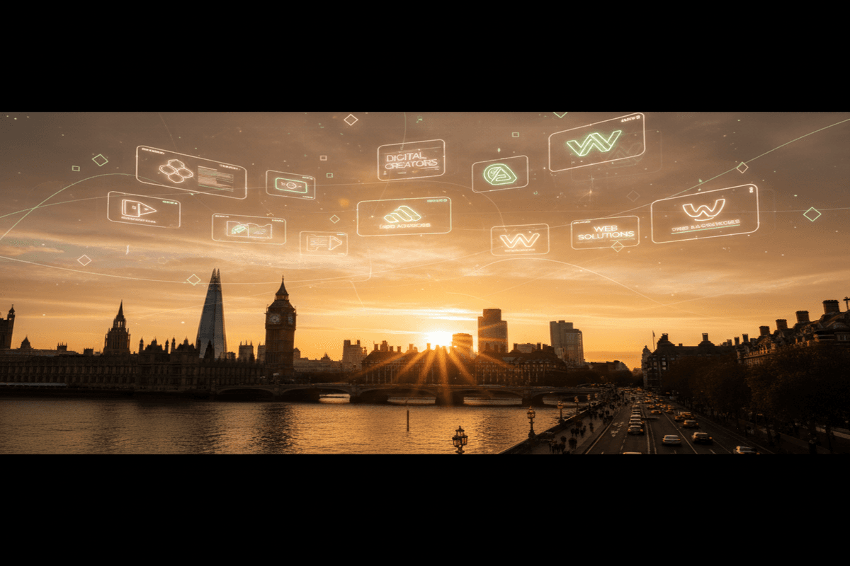 London skyline with digital agency logos floating above iconic buildings