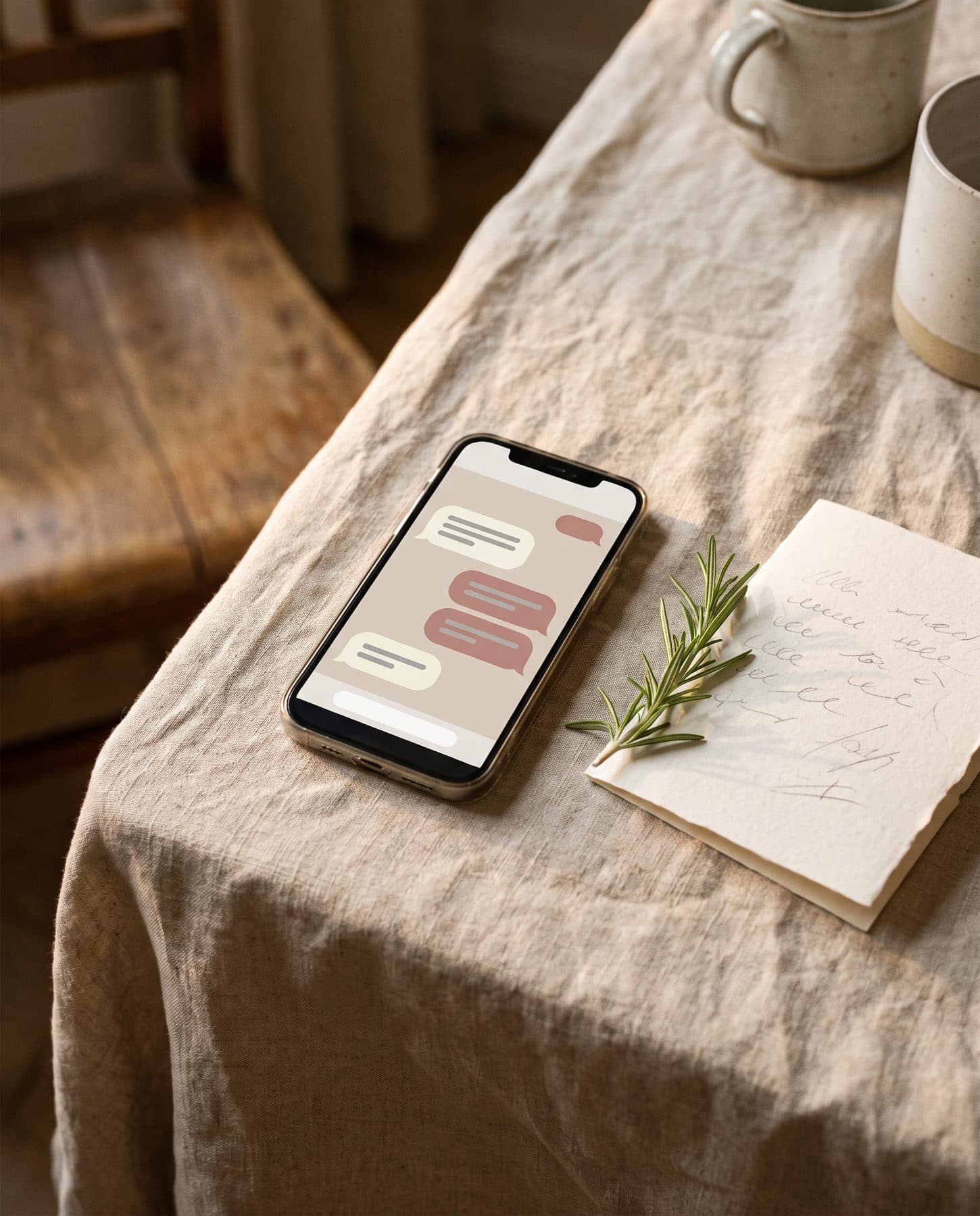 A phone on a linen tablecloth showing message bubbles, beside a sprig of rosemary