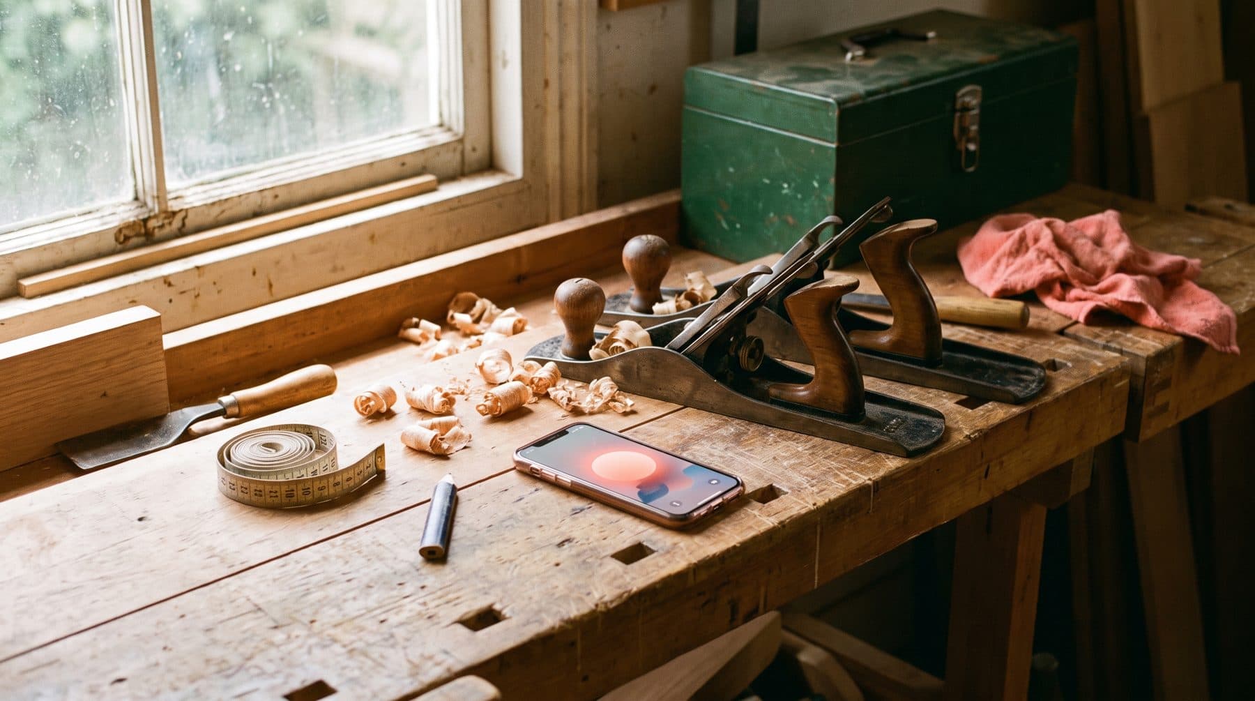 A phone lighting up with a call on a joiner’s workbench beside hand planes and wood shavings
