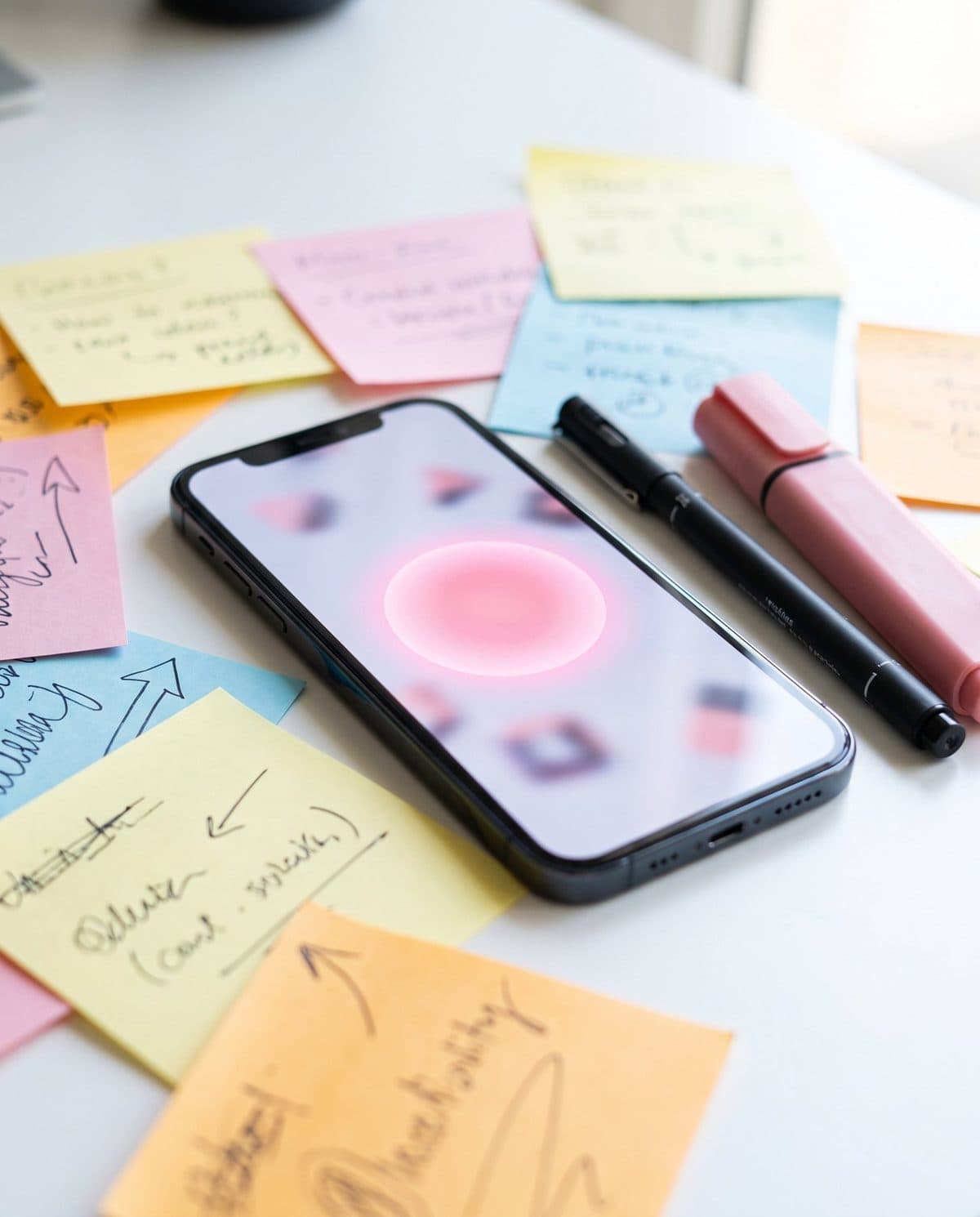 A phone with an incoming call glow among colourful sticky notes, a pen and a pink highlighter