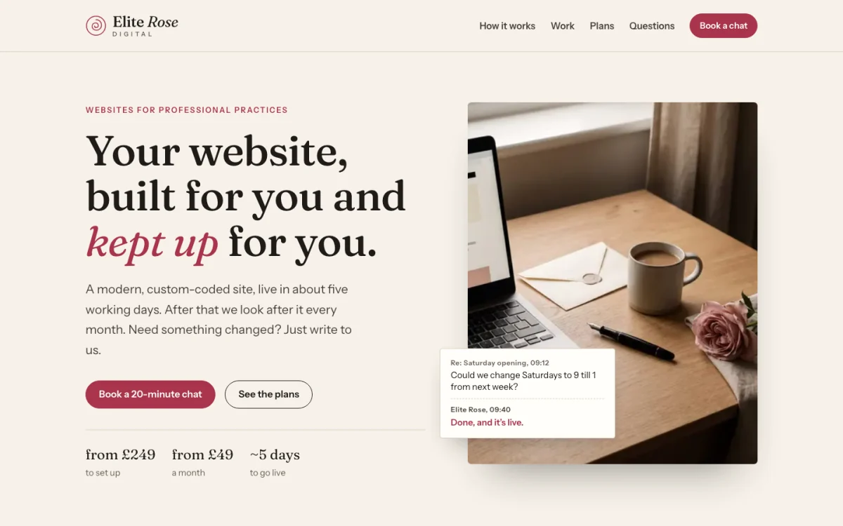 This Elite Rose website in its Letterpress style on a laptop, with a cream page and serif headings