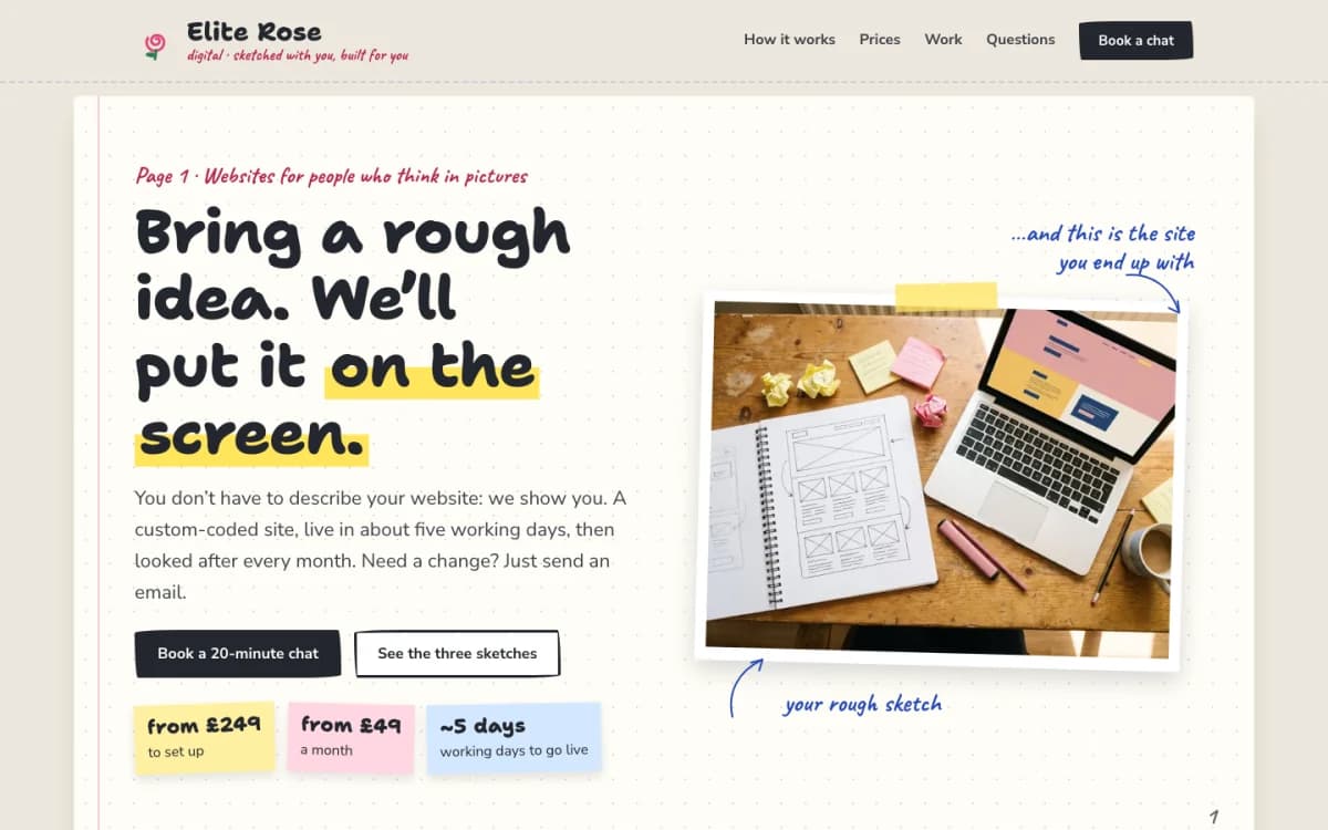 This Elite Rose website in its Sketchbook style on a laptop, with dot-grid paper and sticky notes