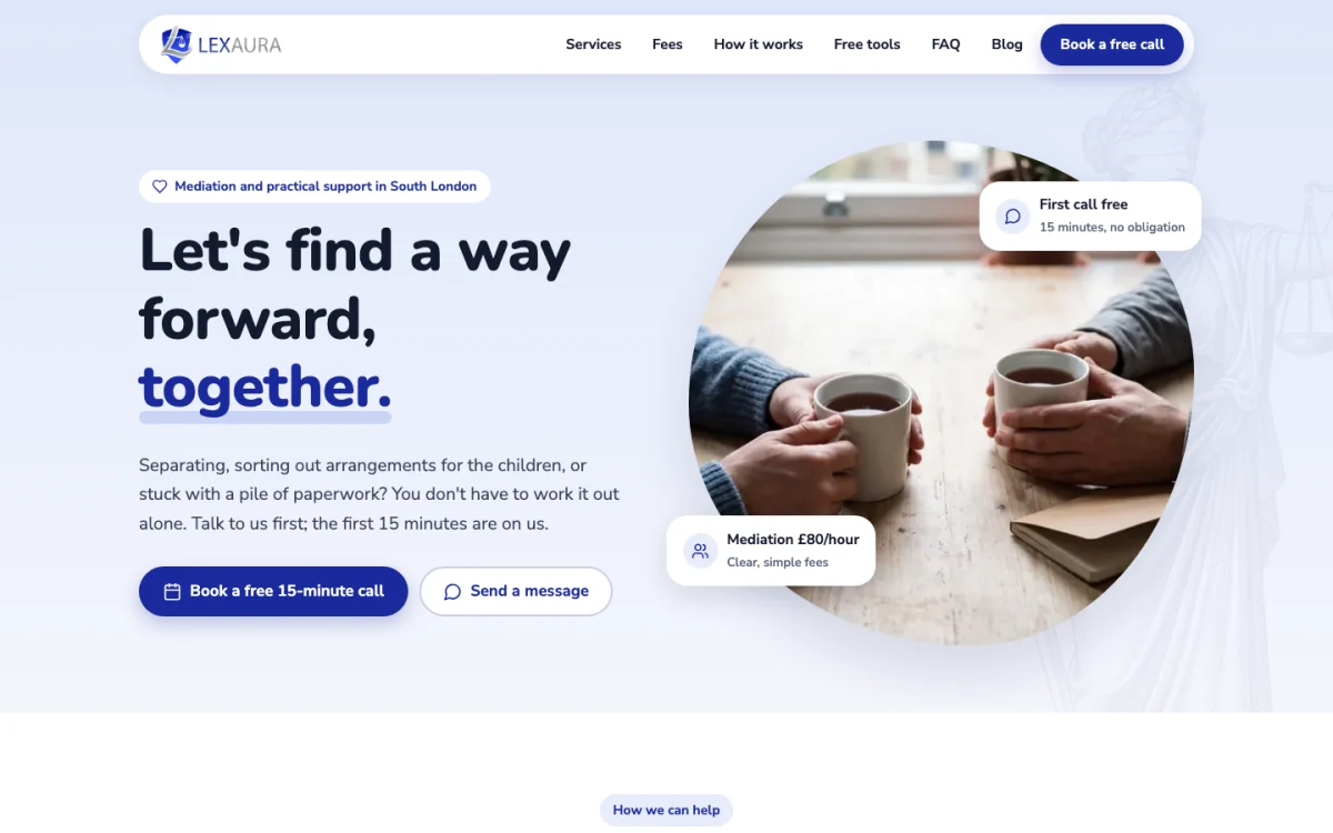 The Lexaura Mediation homepage on a laptop: “Let’s find a way forward, together.”