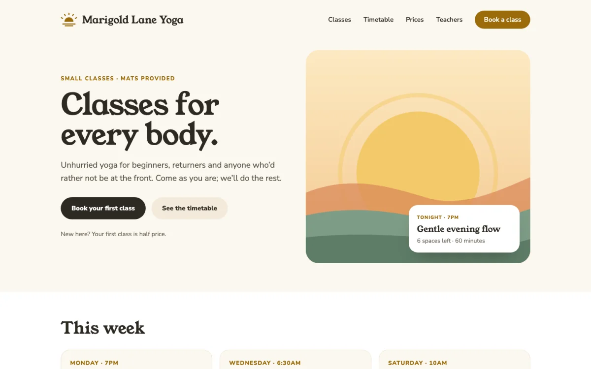 An example website for a made-up yoga studio, Marigold Lane Yoga, on a laptop: “Classes for every body.”