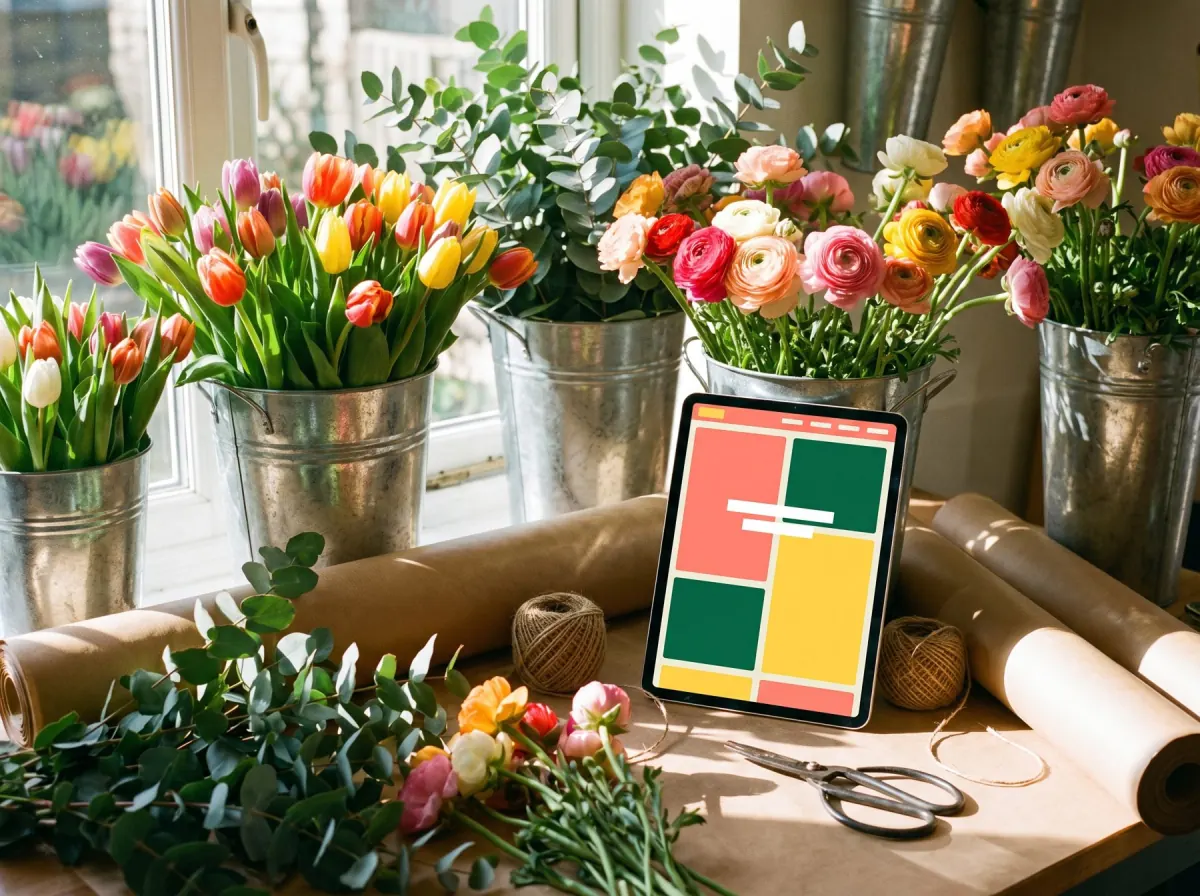 A florist’s workbench with a tablet showing a bright, colourful shop website