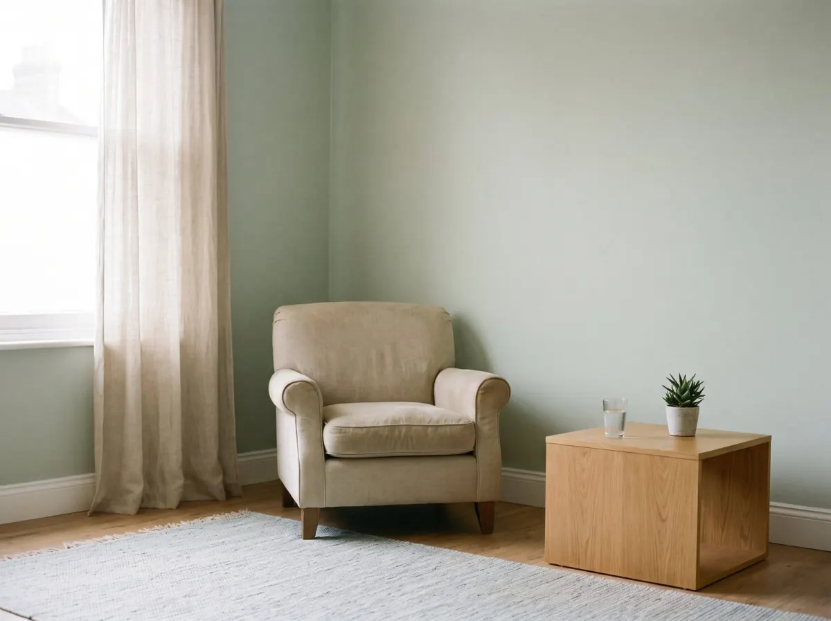 A quiet room in soft morning light, with an armchair and a plant