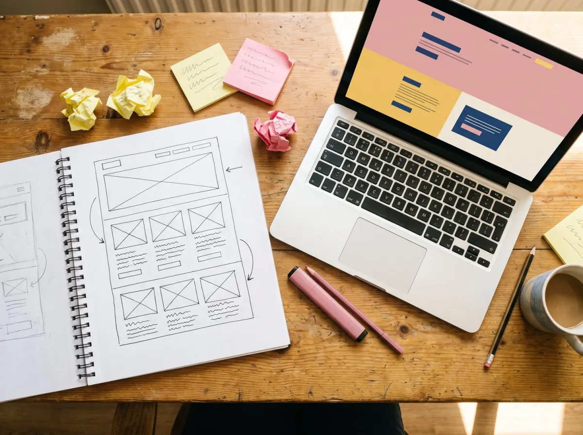 An open sketchbook of pencil website wireframes beside a laptop showing a finished, colourful web page