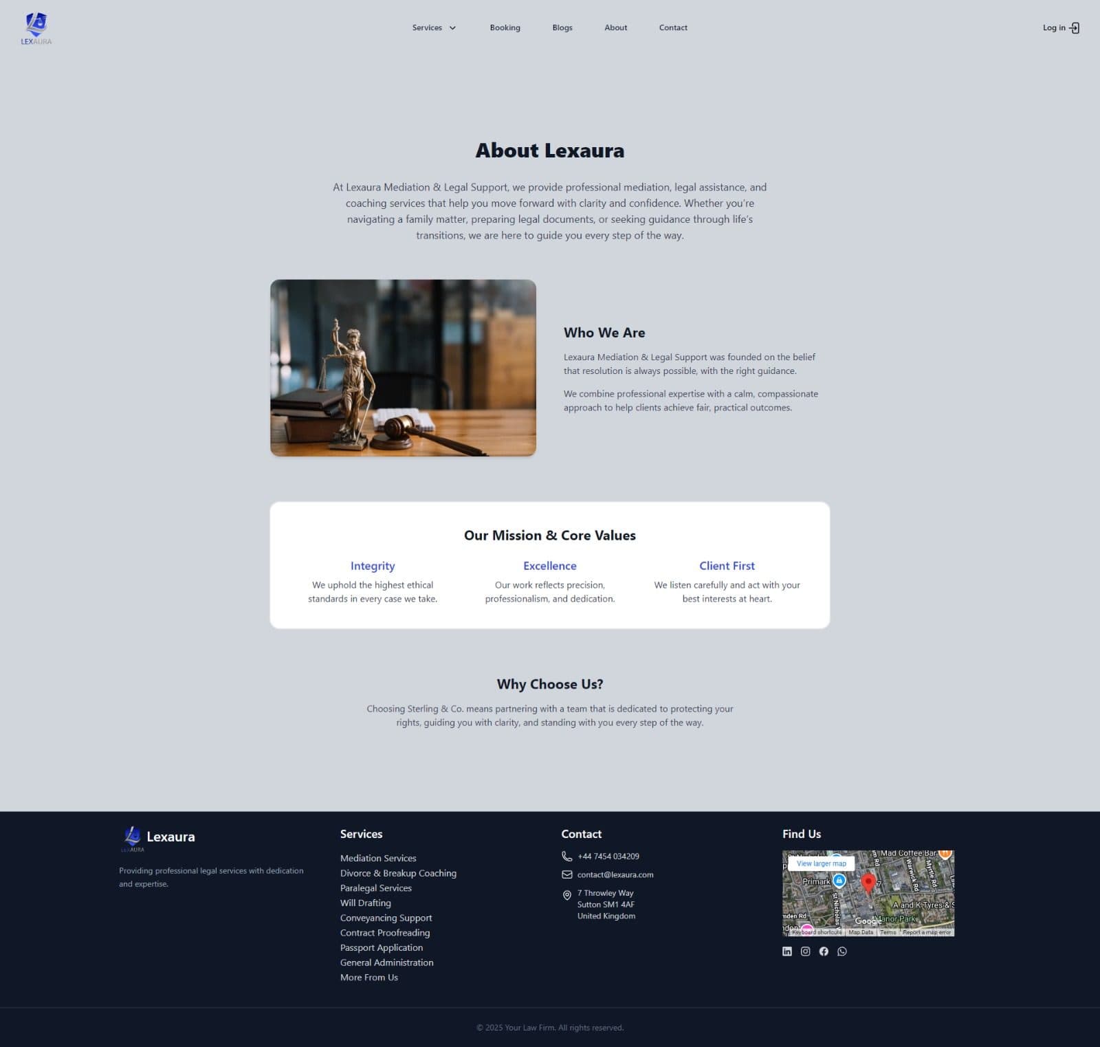 Lexaura’s old website: a ready-made template About page in grey, with a stock photo of a justice statue and a gavel, three value boxes and a dark footer