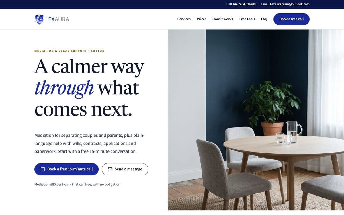 Design direction A: a calm editorial homepage with a large serif headline and a photo of a quiet meeting room