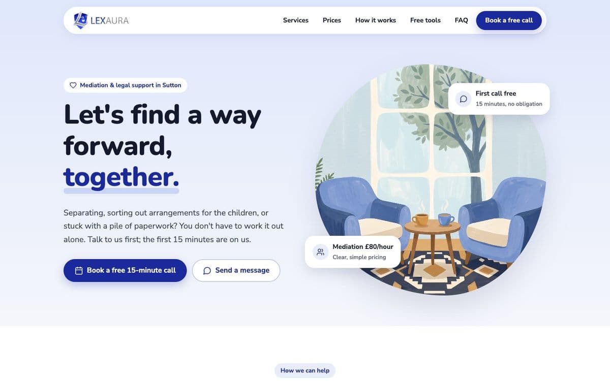 Design direction B: a warm, friendly homepage with rounded type and an illustrated sitting room