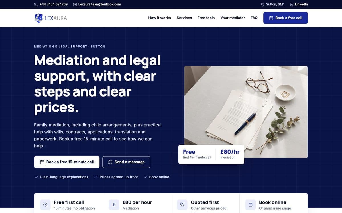 Design direction C: a clear, structured homepage on a dark navy background with a fees panel